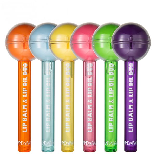 Handaiyan Lollipop Fun Round Lip Balm Container Lips Oil Care Duo Clear Gloss Hidratante Cambio de color Temperatura Maquillaje Lipgloss Kit