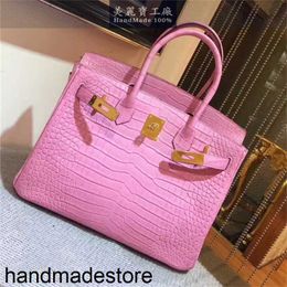 Sac à Main Platinum Designer Entièrement Fait Main Original Sac en Cuir de Crocodile Véritable 30cm Femme Rose