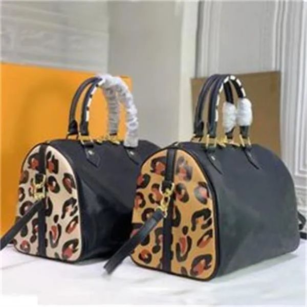 Bolso de mano Monedero Tote de viaje Bolsos cruzados Cuero genuino Letra en relieve Lado Leopardo Impreso Patchwork Color Totes con asa trenzada