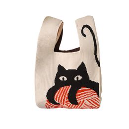 Bolso de mano para mujer, cubo de lana tejido, estilo japonés y coreano, bolso informal para llevar a mano, lonchera, bolso para gato