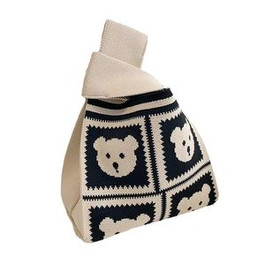 Sac à main en laine tricotée pour femmes, seau japonais et coréen, fourre-tout décontracté, sac à déjeuner ours