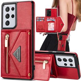 Bolso con cremallera Monedero Estuches con tarjetero PU Cuero Kickstand Correa larga Crossbody para Samsung S20 S21 Plus S22 Ultra Note 20 A51 A71 4G A12 A52 A72 5G LG Stylo 6