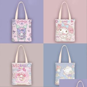 Sacs à main Filles Kawaii Kuromi Cinnamoroll Double Sides Imprimer Zipper Toile Sac à main Fille Étudiant Belle Accessoires Sacs Grande Capacité Dr Dhbqp