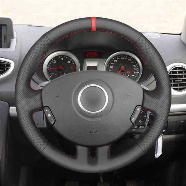 Couverture de volant de voiture en cuir synthétique PU noir marqueur rouge brodé à la main pour Renault Clio 3 20052013 clio 3 20052013 J220808