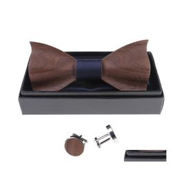 Zakdoeken 1set houten tie pocket square manchetknop houten boog mannen accessoires bruiloft mode banden set drop levering dhunp