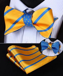 Pañuelos BE03Y Amarillo Azul Raya Seda Doble Cara Tejido Hombres Mariposa Auto Pajarita BowTie Bolsillo Cuadrado Pañuelo Hanky Traje Conjunto