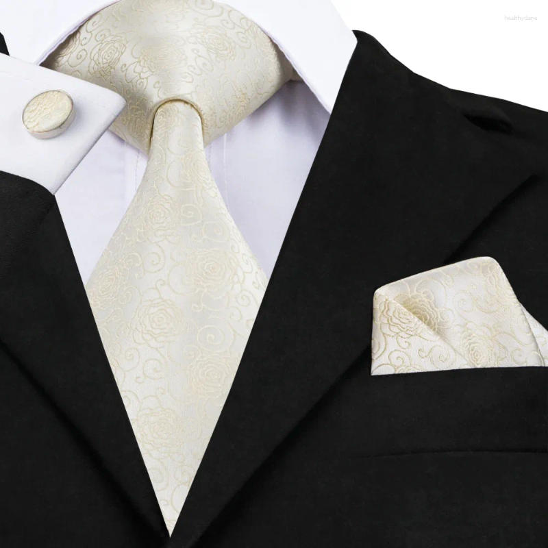 Fazzoletti C-1174 Moda Avori Cravatta floreale Gemelli Hanky Set Cravatte di seta per uomo Affari formali Festa di nozze Corbatas Para Hom