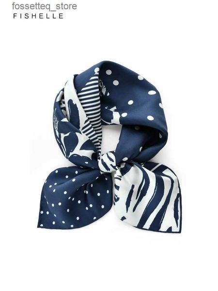 Mouchoirs Foulards en soie naturelle imprimé fleur à pois bleu profond femmes printemps automne sergé soie hijab véritable foulards en soie mouchoir L240322