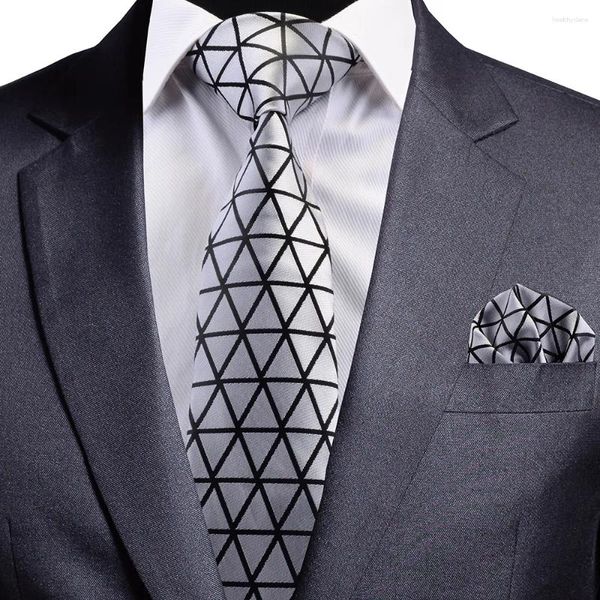 Mouchoirs Gusleson Design Cravate en soie Solide Argent Noir Cou Triangle Patter Cravate à carreaux et carré de poche Ensemble pour mariage de fête