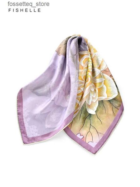 Mouchoirs Violet clair Lotus imprimé foulards en soie naturelle femme cheveux écharpe véritable foulards en soie printemps automne femmes mouchoir cadeaux de luxe L240322