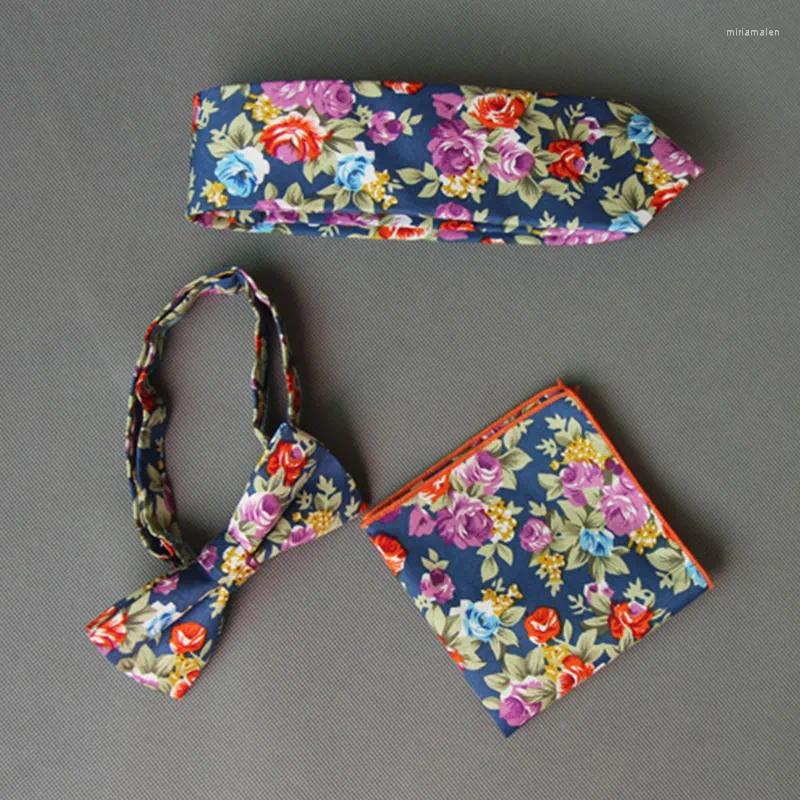 Näsdukar mantieqingway blommor tryckt bowtie hanky slipsuppsättningar för mens bomullsslips och näsduksset bröllop smoking mager båge