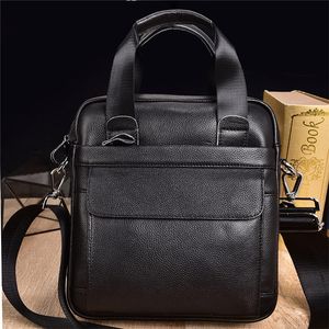 Bolso con asa de cuero genuino para hombre, bolso de mano para hombre, bolso de hombro de piel de vaca de viaje negro para tableta, maletín de oficina para hombre