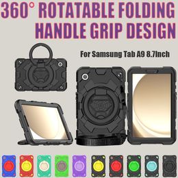 Para Samsung Galaxy Tab A9 8.7 pulgadas Many Many Grip 360 Cubierta de armadura de soporte giratorio 3-en-1 Niños resistentes híbridos Cajones de choque seguros +Película protector de pantalla +correa para el hombro