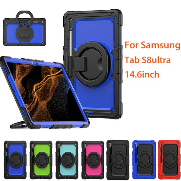 Poignée Grip Armor Tablet Case pour Samsung Galaxy Tab S8Ultra 14,6 pouces S8 S9 Ultra 360 Rotation Béquille Antichoc Enfants Housse de Protection + Film PET + Bandoulière