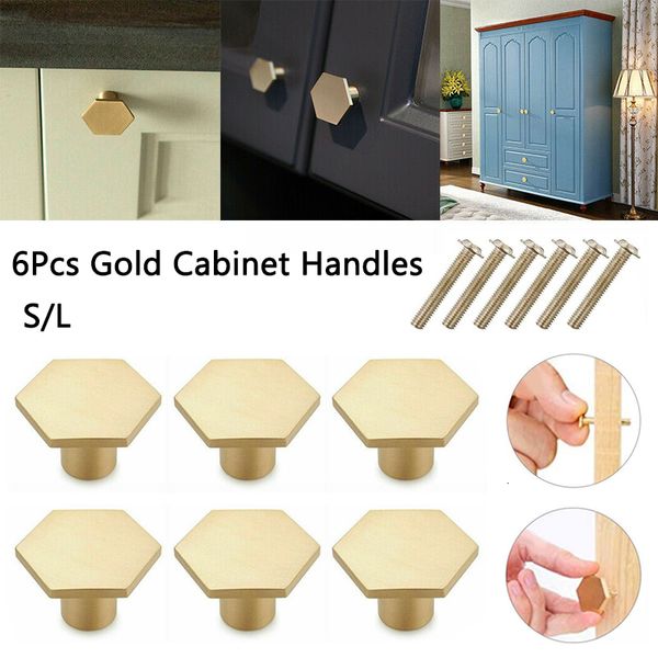 Tiradores de manijas, 6 uds., perillas doradas para gabinete, cómoda hexagonal de latón macizo con 6 piezas de tornillos, accesorios de cocina 230410