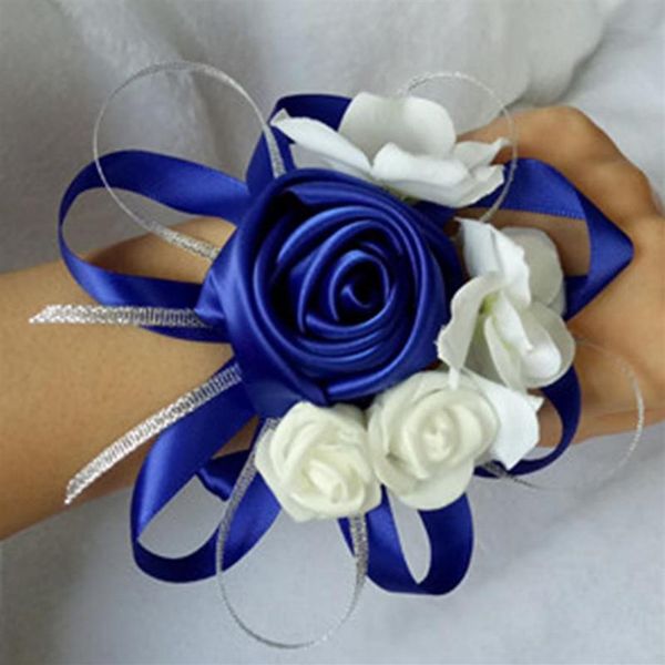 Main 10 Pces / lot Mariage De Mariée Poignet Corsage Demoiselles D'honneur Soeur Main Fleurs Blanc Bleu Argent Décoration Décoratif Wreath310d