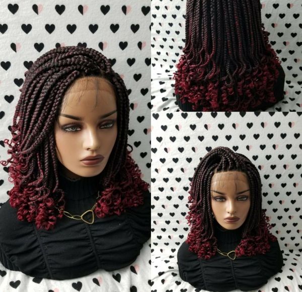 Perruque avant en dentelle tressée à la main de 14 pouces avec pointes bouclées 1bBourgogne Ombre Rouge Couleur Courte Tressage Cheveux Synthétiques Perruques pour Noir6087855