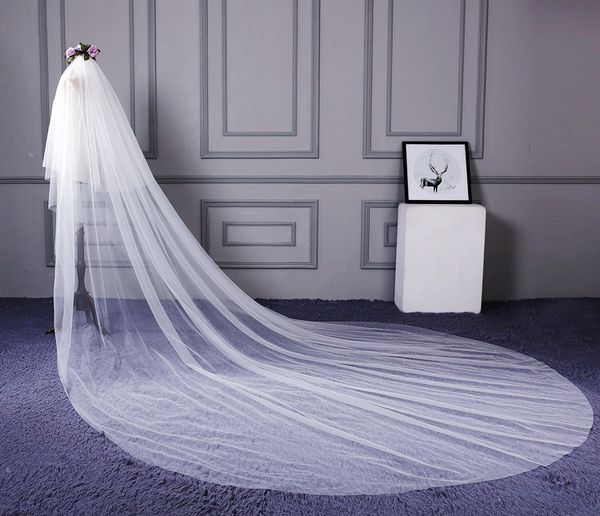 Voile de mariage fait à la main à 2 niveaux, bord coupé, 2 couches, long voile de mariée romantique, longueur cathédrale 3 mètres, tulle doux pour mariée 326M