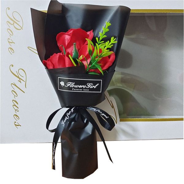 Ramo de rosas artificiales hecho a mano de 3 cabezas, flores decorativas, flor de jabón de mano, regalo del Día de San Valentín, decoración de boda