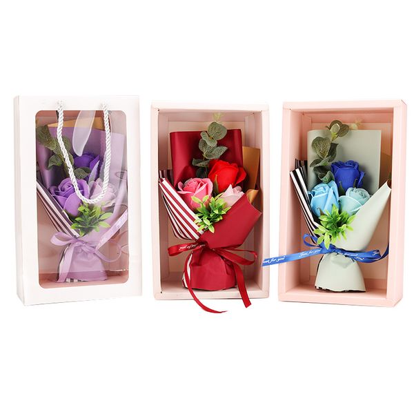 Fait à la main 3 pièces Rose savon artificiel fleurs décoratives Bouquet mères saint valentin cadeaux d'anniversaire décoration florale de mariage avec boîte-cadeau