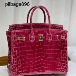 Bikns de sac à main à la main 7a Bikns en cuir authentique haut brillant crocodile peau rouge femme 25 cm avec or intérieur seamkft2