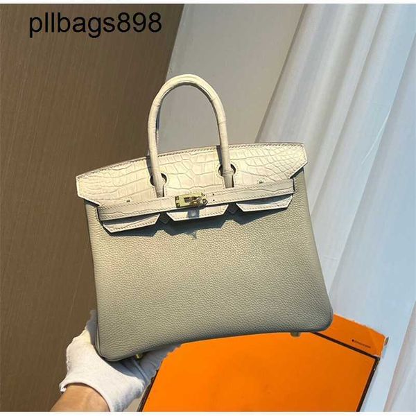 Bikns de sac à main à la main 7a Bikns en cuir authentique tactile blanc25 Crocodile Misty Crocodile Spliced Leather Femmes Handhed Handswewn avec Gold2F8E