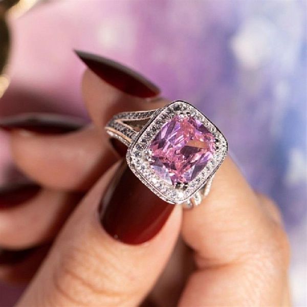 Handmade 925 Silver Ring Finger Big Pink Pinces Princess 10ct Diamond Pave 192pcs CZ Ring de boda para mujeres Joyería214L