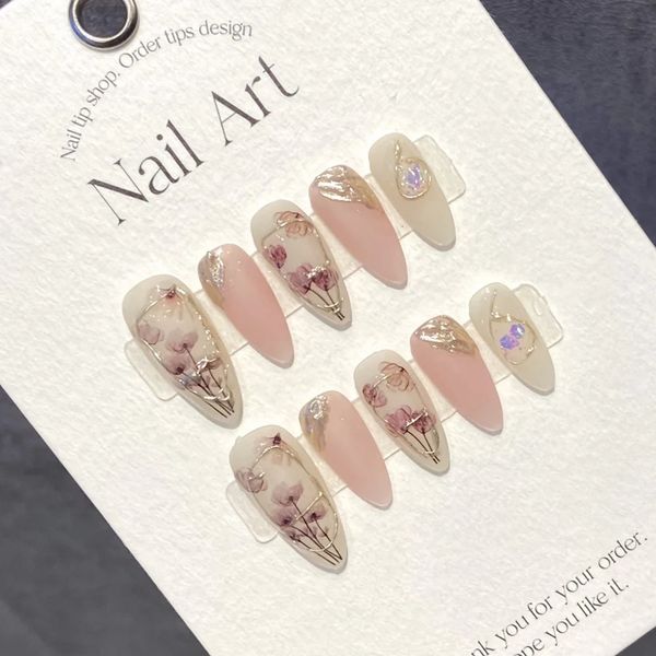 Prensa de almendras hecha a mano en las uñas pintura de mano coreana adhesivo reutilizable falso con diseño acrílico manicura artificial para niñas 231226