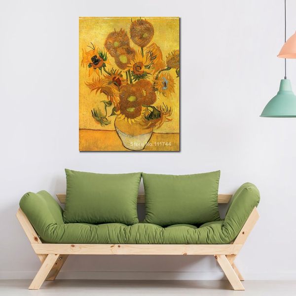 Pinturas en lienzo con ilustraciones hechas a mano de Vincent Van Gogh, jarrón con quince girasoles, arte moderno, decoración para habitación de cocina