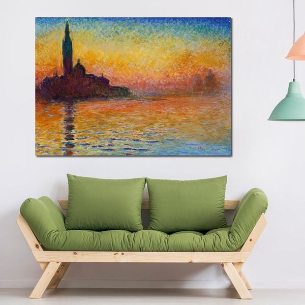 Obra de arte hecha a mano sobre lienzo Puesta de sol en Venecia Pintura de Claude Monet Paisajes de campo Decoración de estudio de oficina