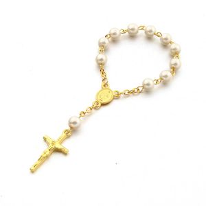 Pulsera hecha a mano con hebras de cuentas de perlas de cristal para bebé, regalo de comunión de bautismo, cadena de dedo cruzada católica, Mini pulseras de Rosario para niñas y niños