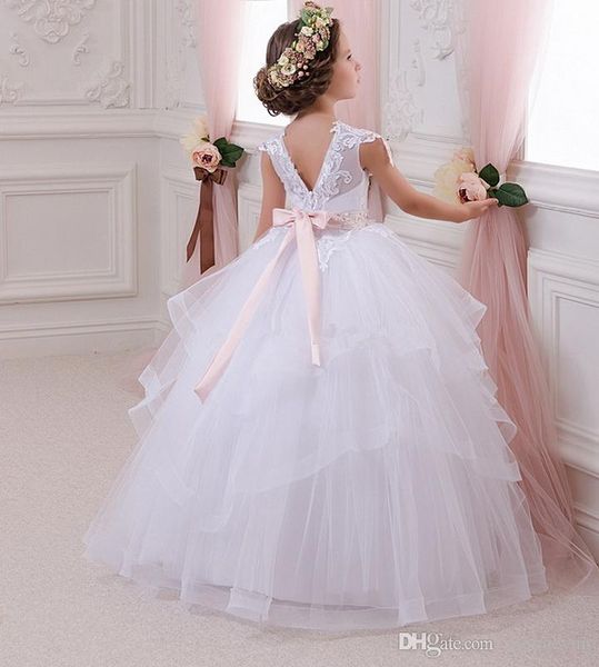 Vestido de fiesta hecho a mano Vestidos para niñas Vestidos Apliques de encaje Peplum Ruffles Vestidos para niñas de flores Para bodas Volver con cordones Vestido de comunión para niños