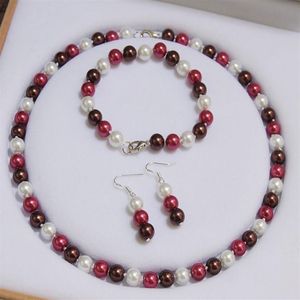 Fait à la main belle 8mm multicolore mer du sud perle ronde coquille collier de perles bracelet boucles d'oreilles ensemble 45cm bijoux de mode 2set lot211m