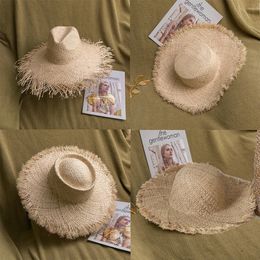 Chapeau à gros bord fait à la main surdimensionné gland bavures femmes hommes paille chapeaux de soleil raphia naturel Panama plage été 240326
