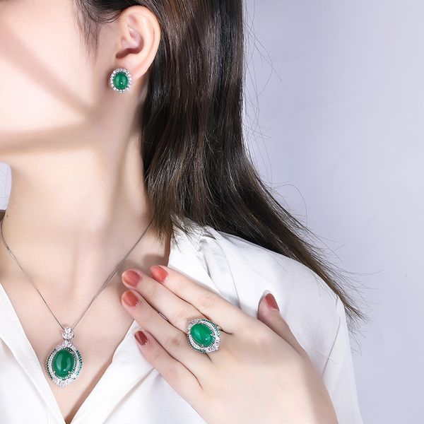 Ensemble de bijoux en diamant de Jade fait à la main, en or 14 carats, bagues de fiançailles, boucles d'oreilles, collier pour femmes, promesse de mariée