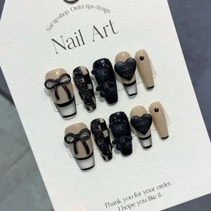 Press de cercueil de luxe noir fait à la main sur les ongles avec design réutilisable adhésif faux artifice acrylique