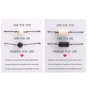 Handgemaakte zwart wit kralen charme paar armbanden instellen voor vrouwen mannen vriendschap zwarte touw string kettingen armband mode-sieraden met kaart