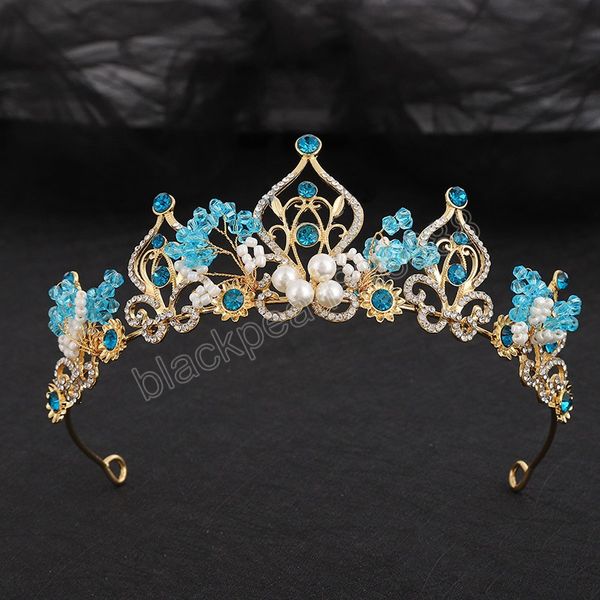 Accessoires de bijoux de cheveux diadème en cristal bleu fait à la main filles mignonnes coréennes mariée mariée perle fleur couronne de diadème