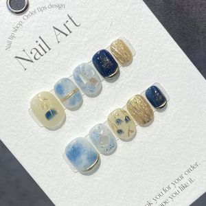 Presse bleue faite à la main sur les ongles courts coréens adhésifs réutilisables faux ongles couverture complète pointes d'ongles acrylique manucure artificielle Nail Art 240129