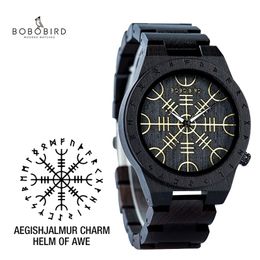 Montres en bois faites à la main BOBO BIRD Homme Femmes Montre Runic Circle avec Golden Helm of Awe ou Vegvisir Montre-bracelet à quartz Homme 210329