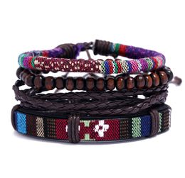 Corde tressée à la main multicouche en bois perlé Bracelets porte-bonheur 4 pièces ensemble bracelet réglable Style ethnique bijoux pour femmes hommes