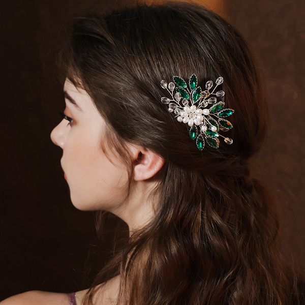 Central de cabello de boda nupcial hecha a mano Pearl Kinestone Verde Pins en forma de cabello para mujeres para mujeres