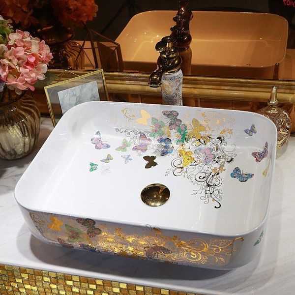 Lavabo de cerámica hecho a mano con diseño de mariposa, lavabo de encimera, lavabo de baño, fregadero de porcelana artística ovalgood qty Dlvad