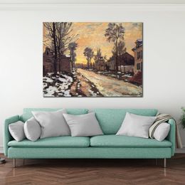 Toile faite à la main Art Claude Monet peinture route à Louveciennes fonte neige coucher de soleil Village paysage oeuvre salle de bain décor