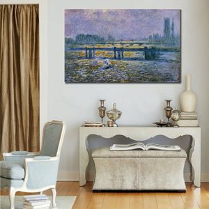 Handgemaakte Canvas Art Claude Monet Schilderij Charing Cross Bridge Reflectie op The Thames Village Landschap Kunstwerk Badkamer Decor