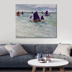 Toile faite à la main Art Claude Monet peinture bateaux de pêche au large de Pourville Village paysage oeuvre salle de bain décor