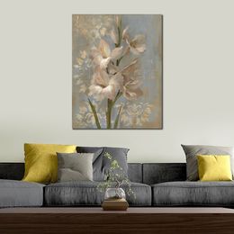 Handgemaakte Canvas Art Gladiola op zachtblauw bloemenkunstwerk Eetgedeelte met impressionistisch landschapsdecor