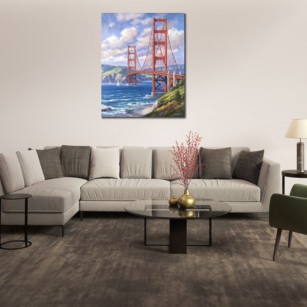 Arte de lienzo hecho a mano Golden Gate Sung Kim pintura comedor con decoración de paisaje impresionista