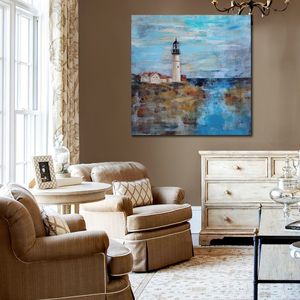 Handgemaakte Canvas Art Lighthouse Dream Floral Artwork Eetkamer met impressionistisch landschapsdecor