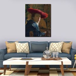 Handgemaakte canvas kunst realistisch meisje met de rode hoedc.1669 Johannes schilderij portret vrouw artwork restaurants decor